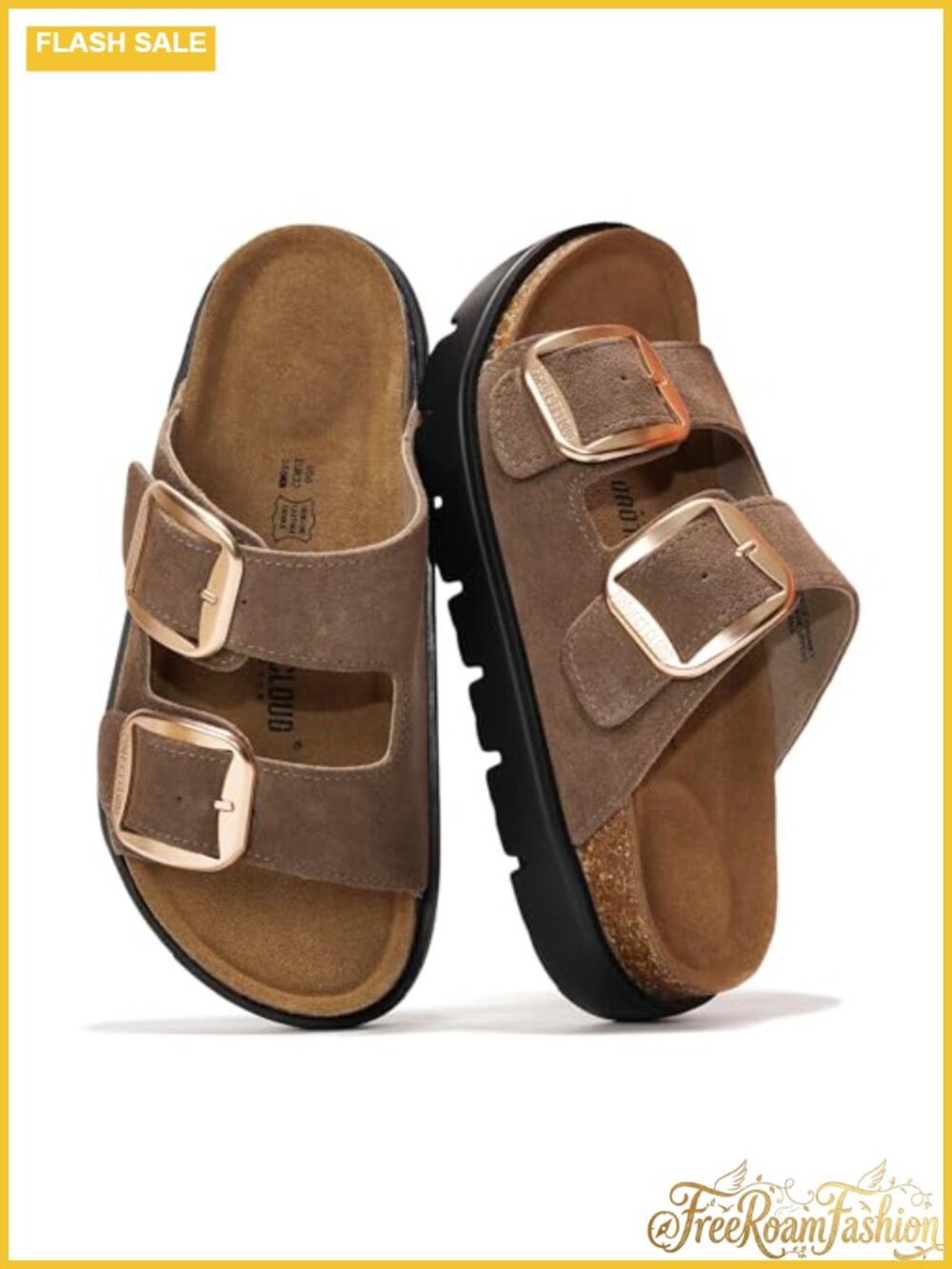 Genuine Leather Platform Wedge Sandals Cork Footbed Slip-On 1.7 Inch Lift